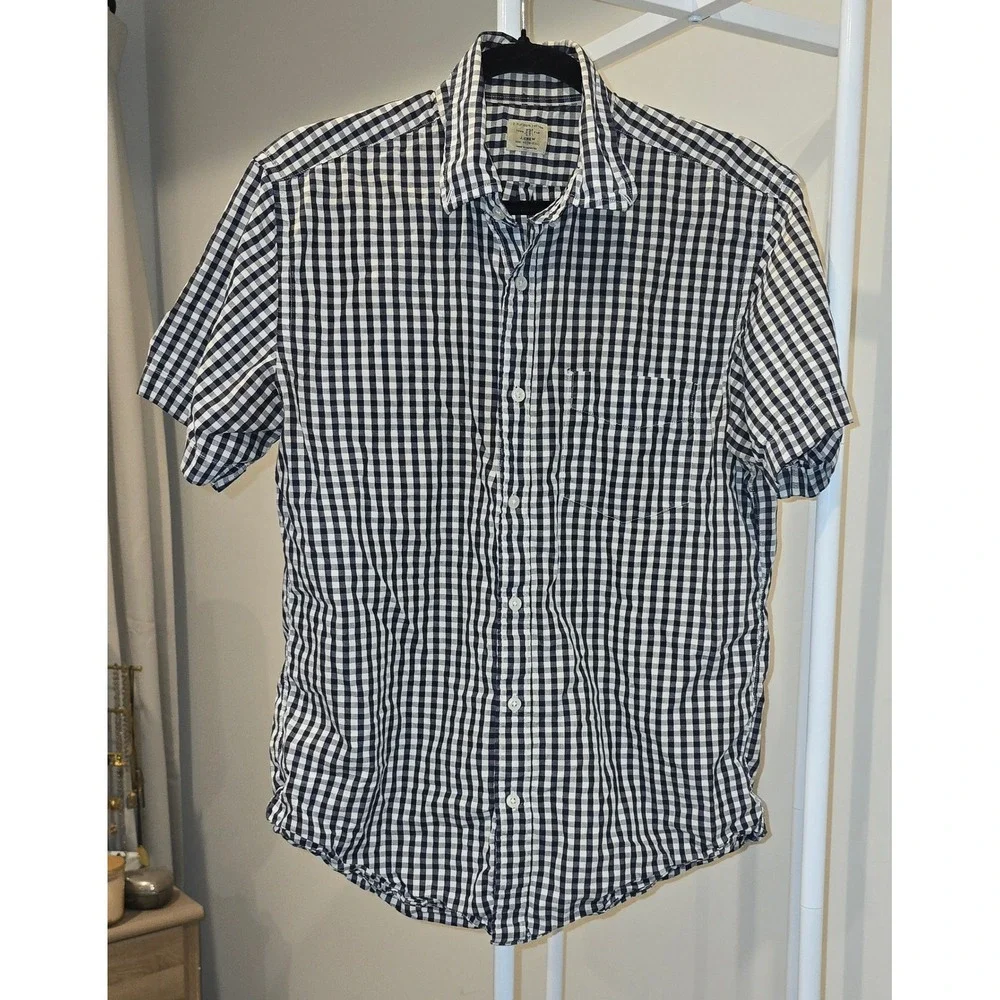 J.Crew Mens Navy Blue White Gingham Short Sleeve Button Down Shirt Size M Cotton